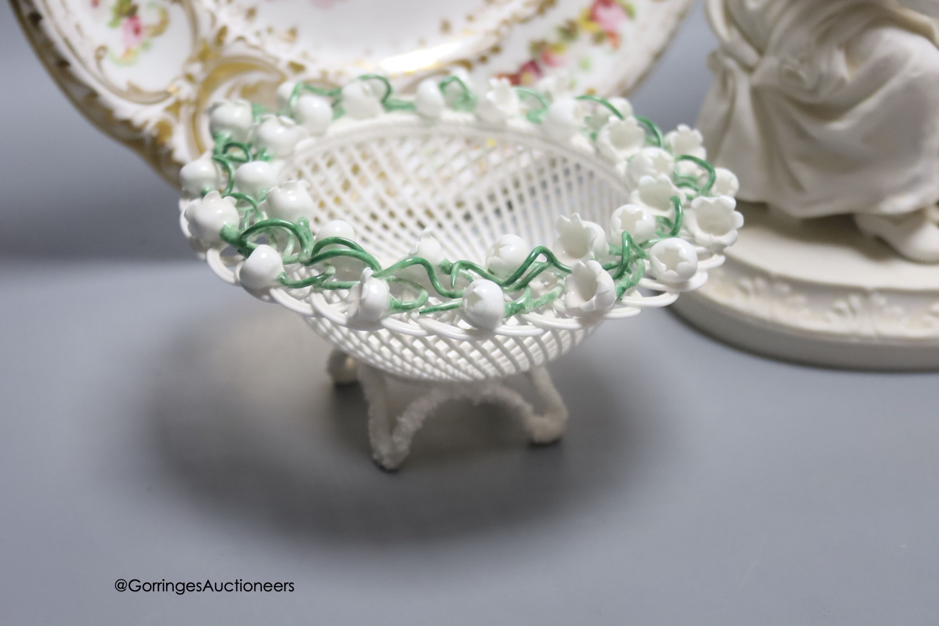 A pair Victorian dessert plates, a Parian Ware group, 'Bathtime', a Limoges box with hinged cover and a 'Celtic Weave' bowl